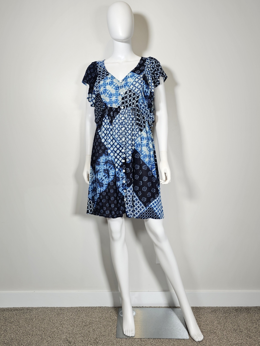 Patrons of Peace Blue and White Patchwork Patterned Mini Dress Sz L